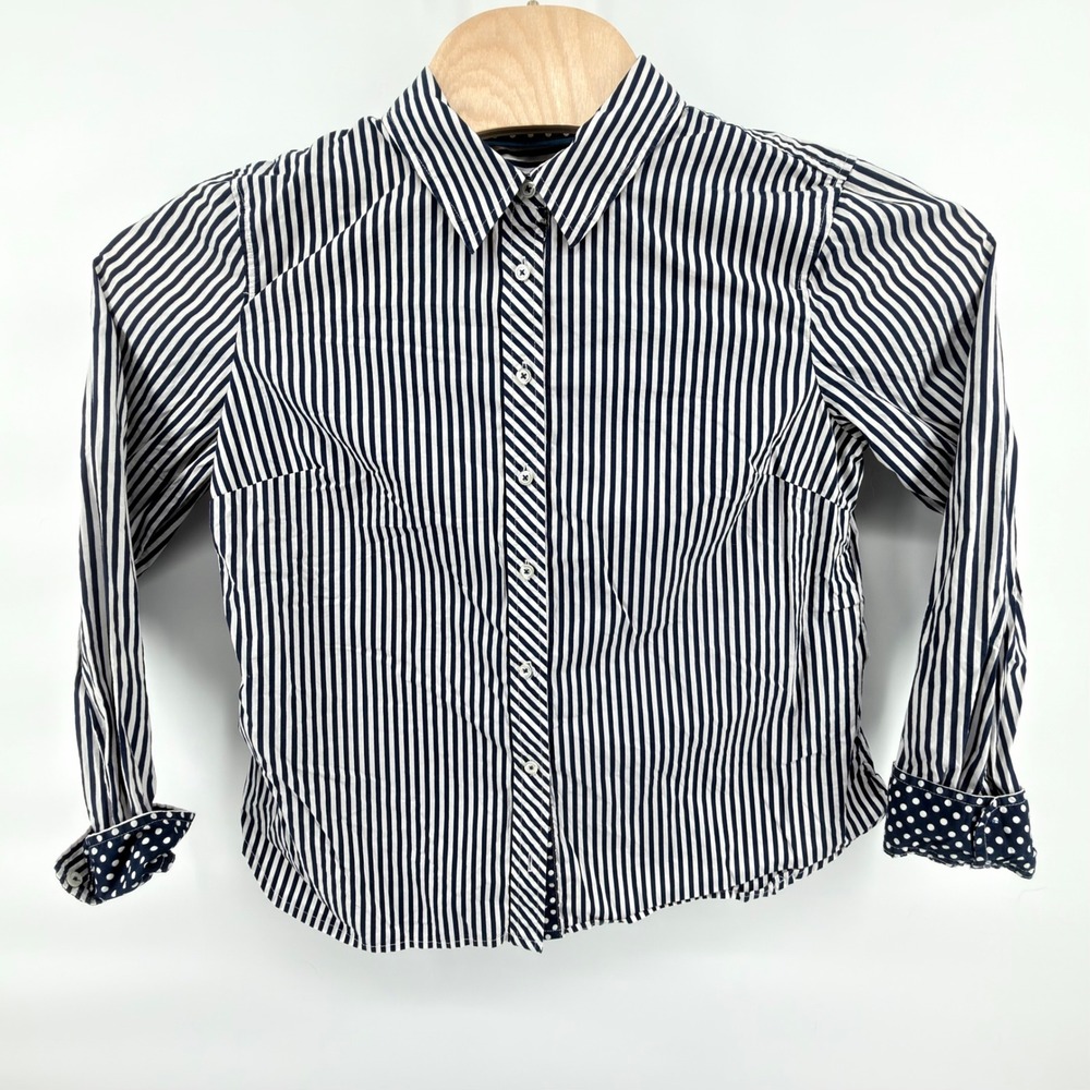Talbots Button Down Shirt Womens L Blue White Striped Polka Dot Cuff Cotton